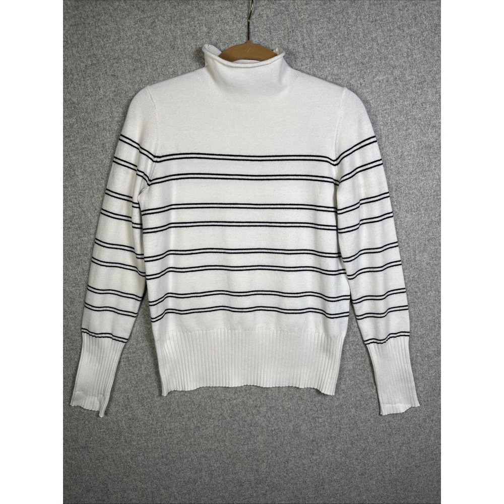 French Connection Medium Sweater Striped Mock Neck White‎ Black Long Sleeve